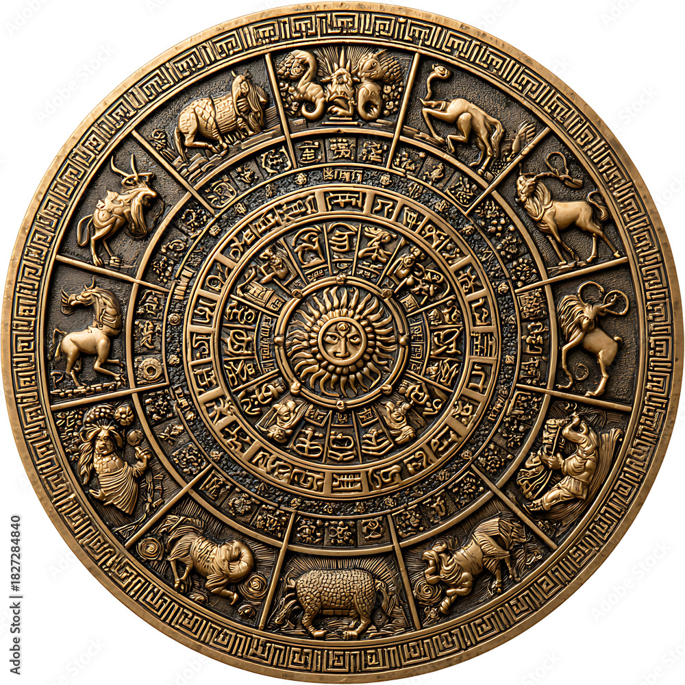 Naklejka premium Ornate Golden Zodiac Wheel with Astrological Symbols and Sun in Center. Intricate Metalwork. Isola