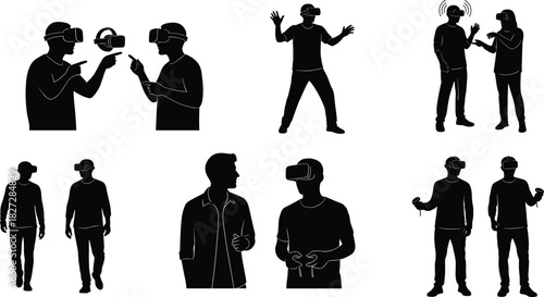 Silhouette people using virtual reality headset, VR gaming and simulation technology, digital experience, augmented reality, entertainment and innovation concept