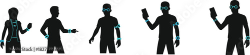 Silhouette people wearing smart wearable technology devices, smartwatch, fitness tracker, augmented reality glasses, digital lifestyle and modern innovation concept