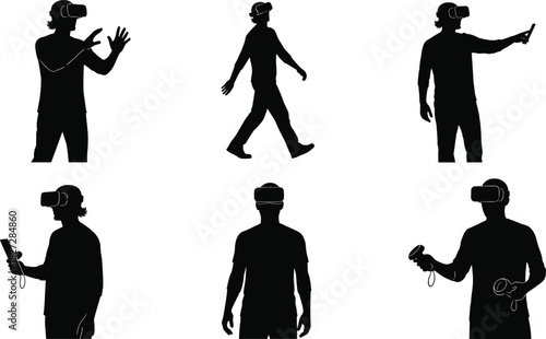 Silhouette people wearing virtual reality headset interacting with digital interface, exploring 3D environment, modern technology, innovation, and immersive experience concept