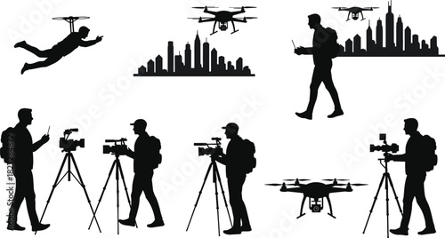 Silhouette photographer using drone and camera, city skyline background, aerial photography, modern technology, video production and travel concept illustration