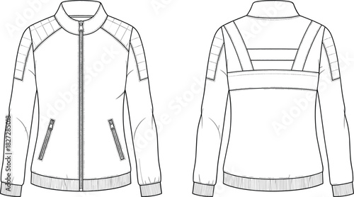 Technical fashion flat sketch of sporty quilted jacket, front and back view, CAD drawing, vector illustration, garment design template