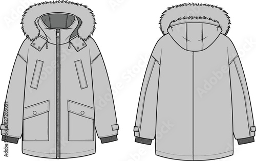 Technical fashion flat sketch of winter parka jacket with fur hood, flap pockets, front and back view, CAD drawing, vector illustration