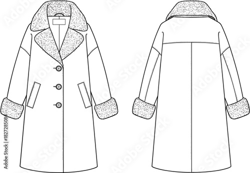 Technical fashion flat sketch of women’s winter coat, front and back view, CAD drawing, vector illustration, garment design template, outerwear