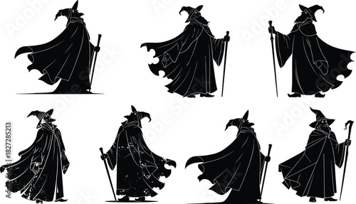 Wizard silhouette poses set, fantasy magician with staff and cloak, magical sorcerer illustration, vintage black cloak character design, vector art