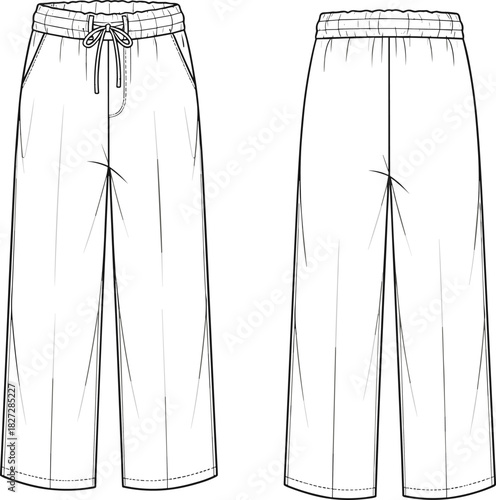 Wide leg elastic waist pants flat sketch, unisex casual trousers vector template, drawstring lounge pants, fashion technical cad illustration