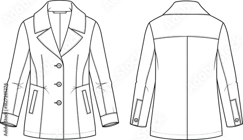 Women blazer jacket technical flat sketch, button front coat fashion cad drawing, vector illustration, clothing design, apparel template for production