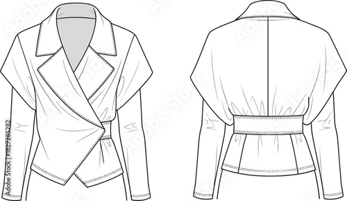 Women draped wrap jacket technical flat sketch, fashion cad drawing, vector illustration, stylish outerwear design, apparel template for clothing production