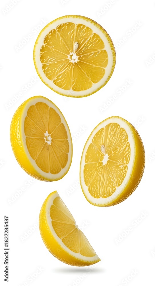 Obraz premium Fresh Ripe Yellow Lemon Slices And Halves Floating In Mid-Air Against A Crisp White Background Providing Excellent Citrus Flavor And Vitamin C For Healthy Lifestyle Cooking And Refreshing Be