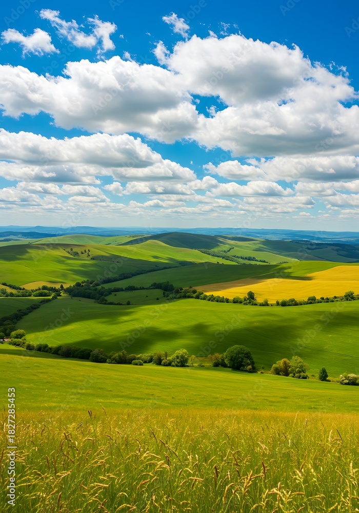 Obraz premium Rolling Hills, Azure Sky: Summer Meadow Landscape.