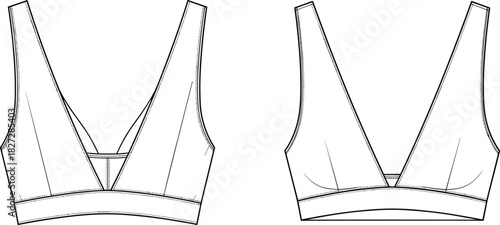 Women's bralette, fashion sketch, technical drawing, lingerie top, CAD flat, vector illustration, garment design, apparel template, undergarment, V-neck