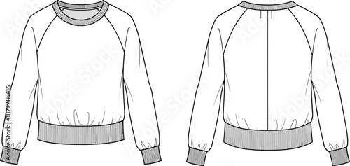 Women's crew neck sweatshirt technical fashion flat, long sleeve pullover CAD template, apparel design vector, clothing sketch, sewing pattern illustration