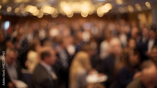 Defocused crowd of people at a formal indoor event with warm golden lights creating a festive atmosphere and elegant social gathering ambiance
