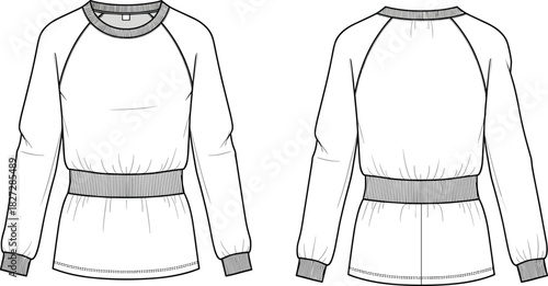 Women's long sleeve sweatshirt technical fashion flat, pullover design CAD template, clothing vector illustration, apparel sketch drawing, sewing pattern guide