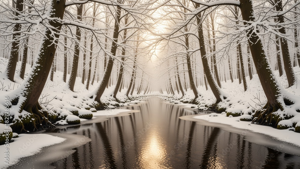 Obraz premium Snowy forest river with sunlight reflection