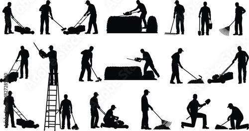 Collection of black silhouette vector illustrations of male gardeners mowing lawn, raking leaves, trimming hedges, and digging soil, isolated on white background.