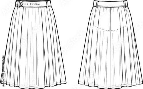 Women's pleated skirt with belt technical fashion flat, midi skirt CAD template, apparel vector illustration, sewing pattern drawing, clothing design