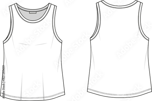 Women's sleeveless tank top technical fashion flat sketch, front and back view, clothing CAD drawing, vector illustration, sewing pattern design