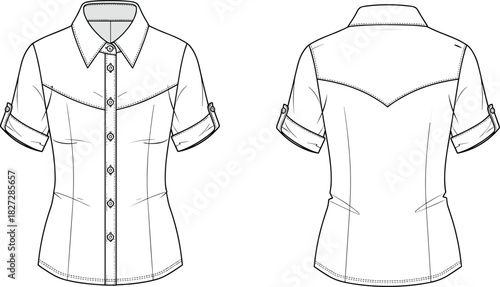 Women's short sleeve button up shirt technical flat, casual blouse CAD template, apparel vector illustration, fashion design drawing, sewing pattern
