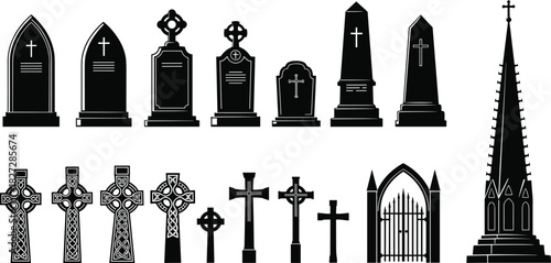 Collection of black tombstones, memorial crosses, cemetery gate and church tower silhouettes, vector illustration set for gothic design and funeral concepts