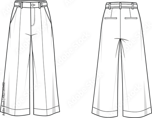 Women's wide leg cropped pants technical flat, trouser fashion CAD template, clothing design vector, apparel sketch illustration, sewing pattern drawing