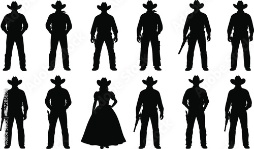Collection of cowboy silhouettes standing in row, wild west sheriff, gunslinger, and cowgirl woman in dress, vector illustration set, western rancher characters