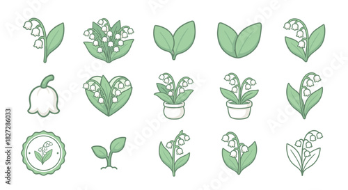 A charming collection of light green Lily of the Valley flower icons and plant symbols.