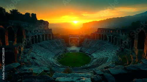 Ancient amphitheater at sunset with scenic backdrop
