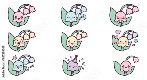 A cute collection vector of lily of the valley flower characters showing various emotions.