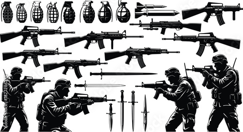 Collection of military silhouettes featuring soldiers aiming guns, assault rifles, hand grenades, combat knives, and war ammunition vector illustration isolated on white.