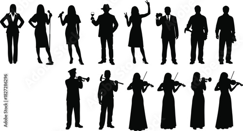 Collection of people silhouettes including business woman, singer, musician playing violin and trumpet, photographer, construction worker, and man holding wine glass, vector set