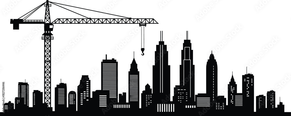 Obraz premium Construction crane silhouette over modern city skyline, building industry vector illustration of urban development and skyscrapers isolated on white background, architecture concept
