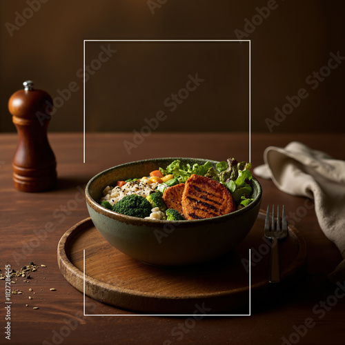 Healthy chicken bowl on wooden table with white frame border