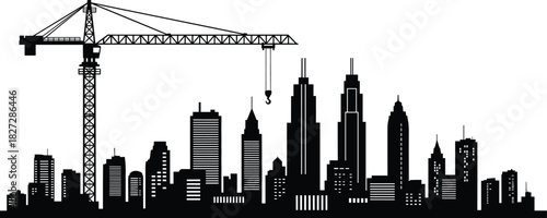 Construction crane silhouette over modern city skyline, building industry vector illustration of urban development and skyscrapers isolated on white background, architecture concept