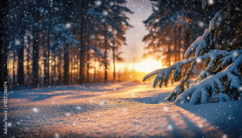 winter night landscape. snowy forest and fir branches. background bokeh