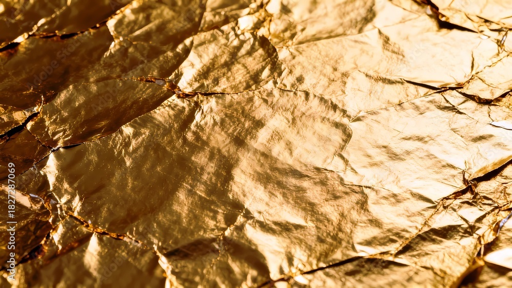 Fototapeta premium Hand-textured gold leaf foil surface with luxurious reflective tones ideal for high-end creative uses.