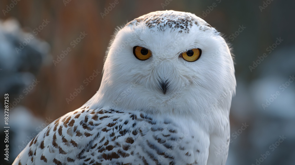 Obraz premium Close-up of a majestic snowy owl with piercing yellow eyes looking directly at the viewer.