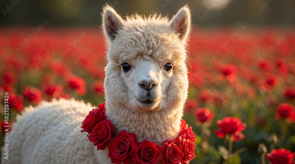 Obraz premium Cute alpaca wearing a wreath of red roses in a field of red flowers