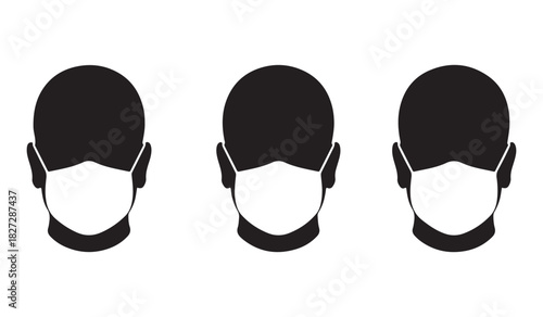  Three identical heads wearing protective face masks in a clear silhouette style