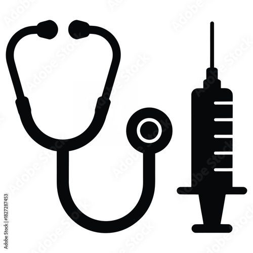Stethoscope and syringe isolated on, medical equipment