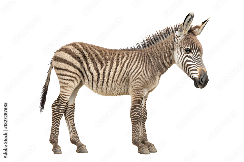 Naklejka premium Adorable young zebra with striking stripes stands alertly, ready for adventure