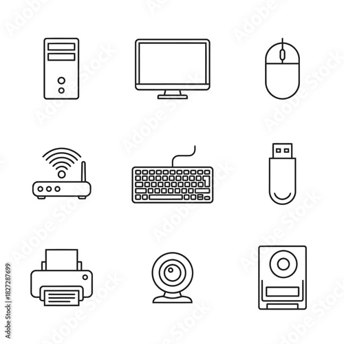 Technology Outline Icons Set Representing Computer Hardware and Gadgets