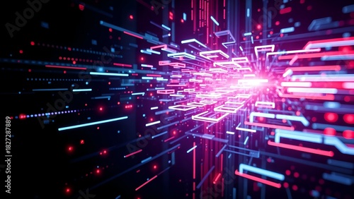 Fototapeta Naklejka Na Ścianę i Meble -  digital neon glass crystal line and block motion in virtual hologram holographic sci-fi network energy