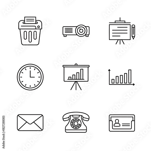 Outline Icons Set of Office Equipment and Tools for Business Presentation