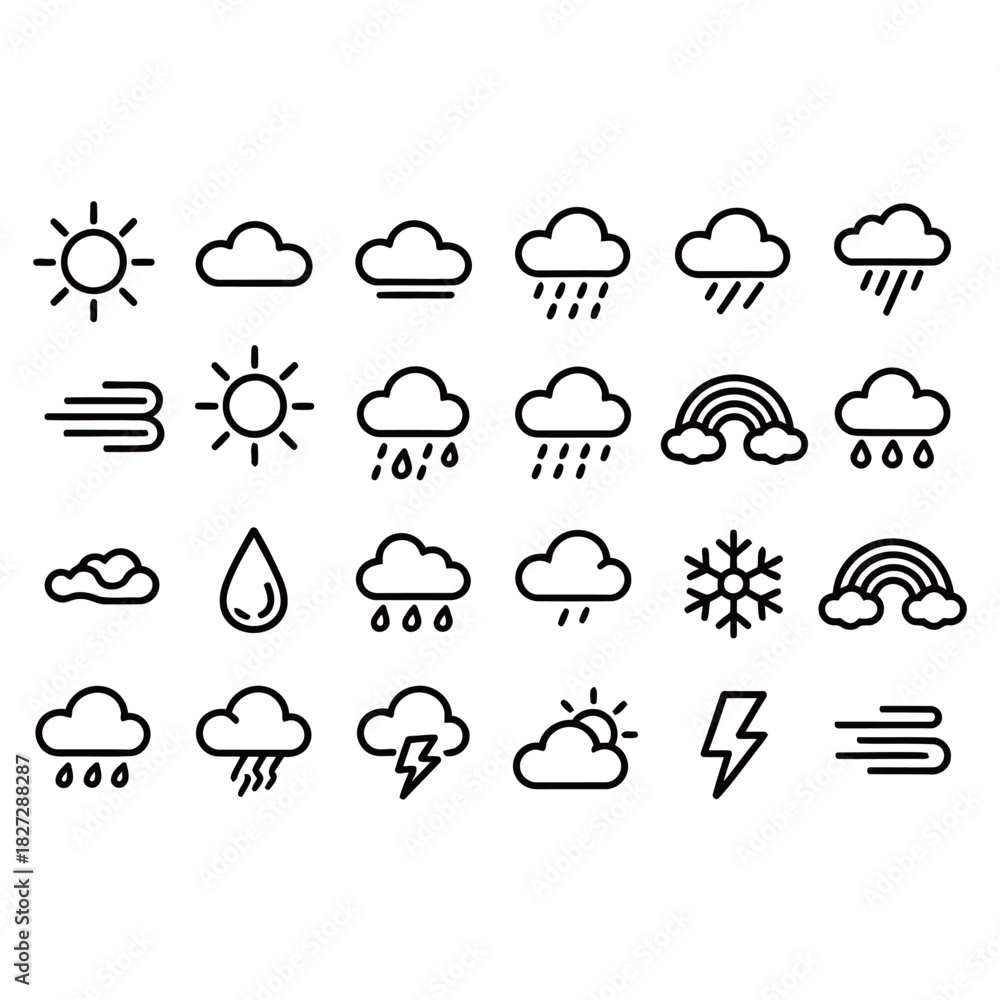 Obraz premium Outline Icons Set of Various Weather Conditions and Meteorological Symbols