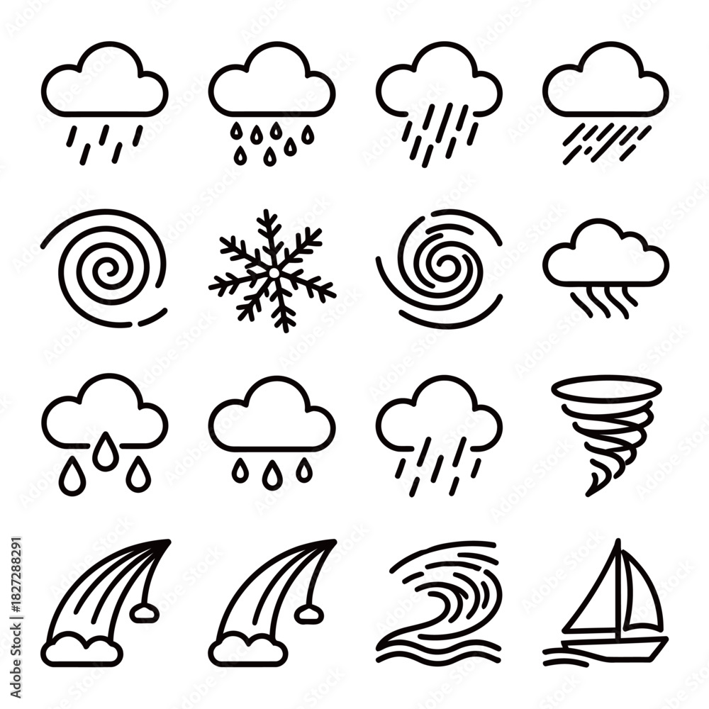 Obraz premium Outline Icons Set of Severe Weather, Natural Disasters, and Marine Symbols