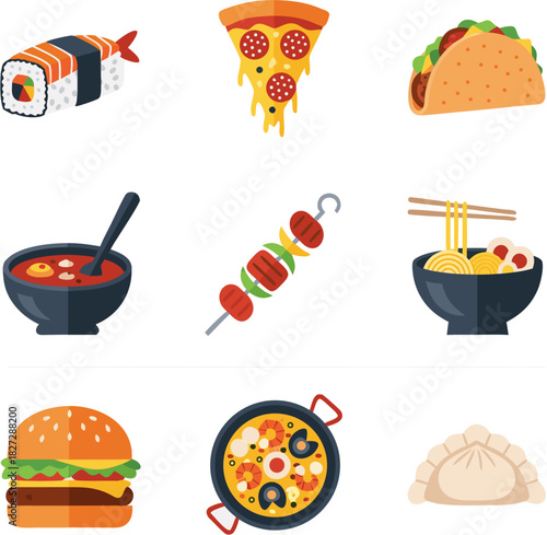 A diverse collection of popular international food dishes and meals