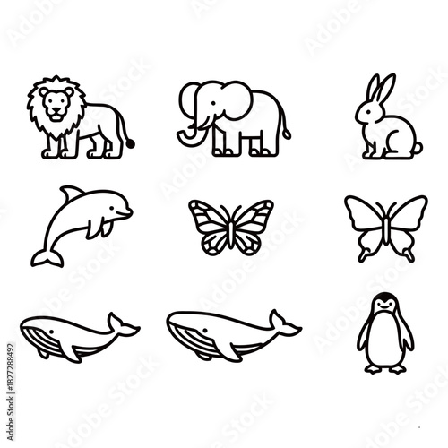 Outline Icons Set of Wild Animals, Mammals, and Marine Wildlife Creatures