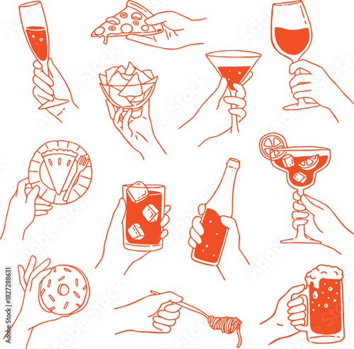 A playful and elegant red line art set featuring hands holding various food and drink items—perfect for cafes, restaurants, lifestyle blogs, and menus.