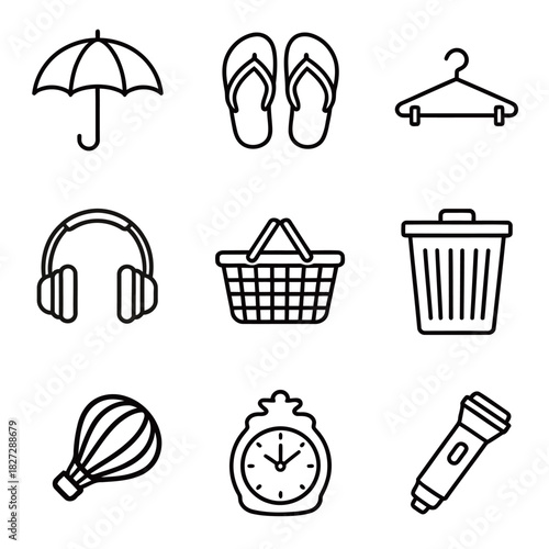 Everyday Objects and Household Items Outline Vector Icons Set